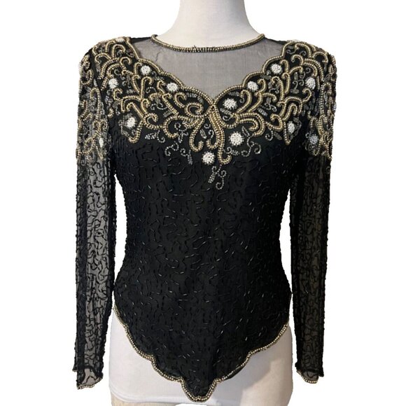 Laurence Kazar Silk Black Gold Bead Sequin Top PM Petite Medium Sequin Vintage - Picture 1 of 12